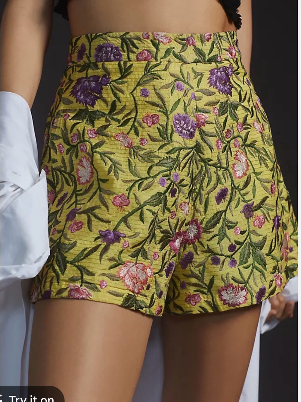 Anthropologie Chartreuse Floral Embroidered Brocade Shorts Boho Victorian  XL 35